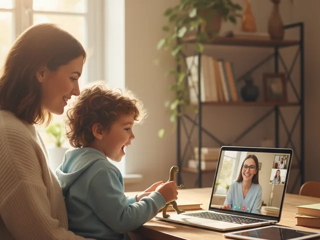 A parent and child taking part in a live video-call speech therapy session from home.