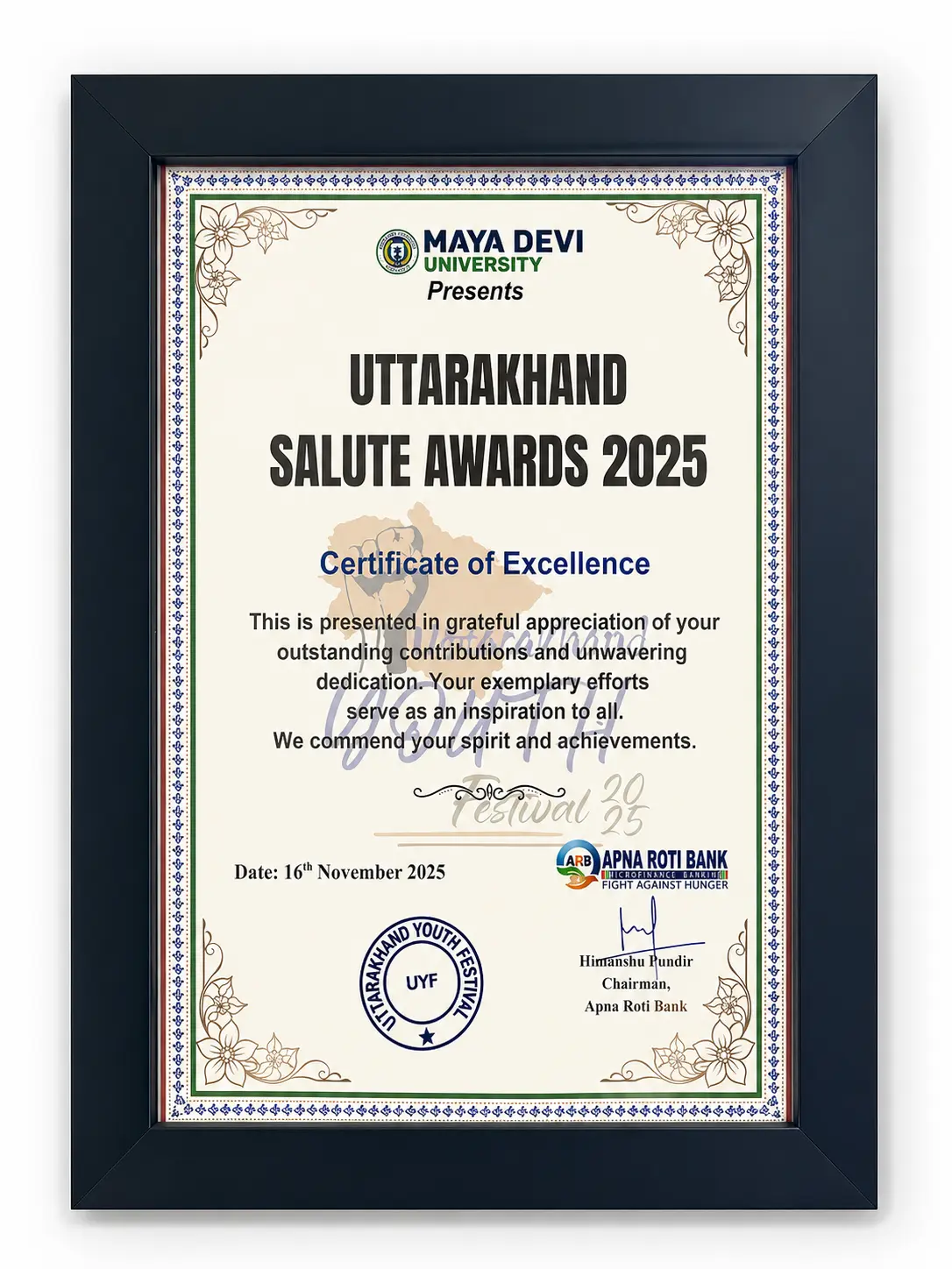 Certificate of Excellence — Uttarakhand Salute Awards 2025