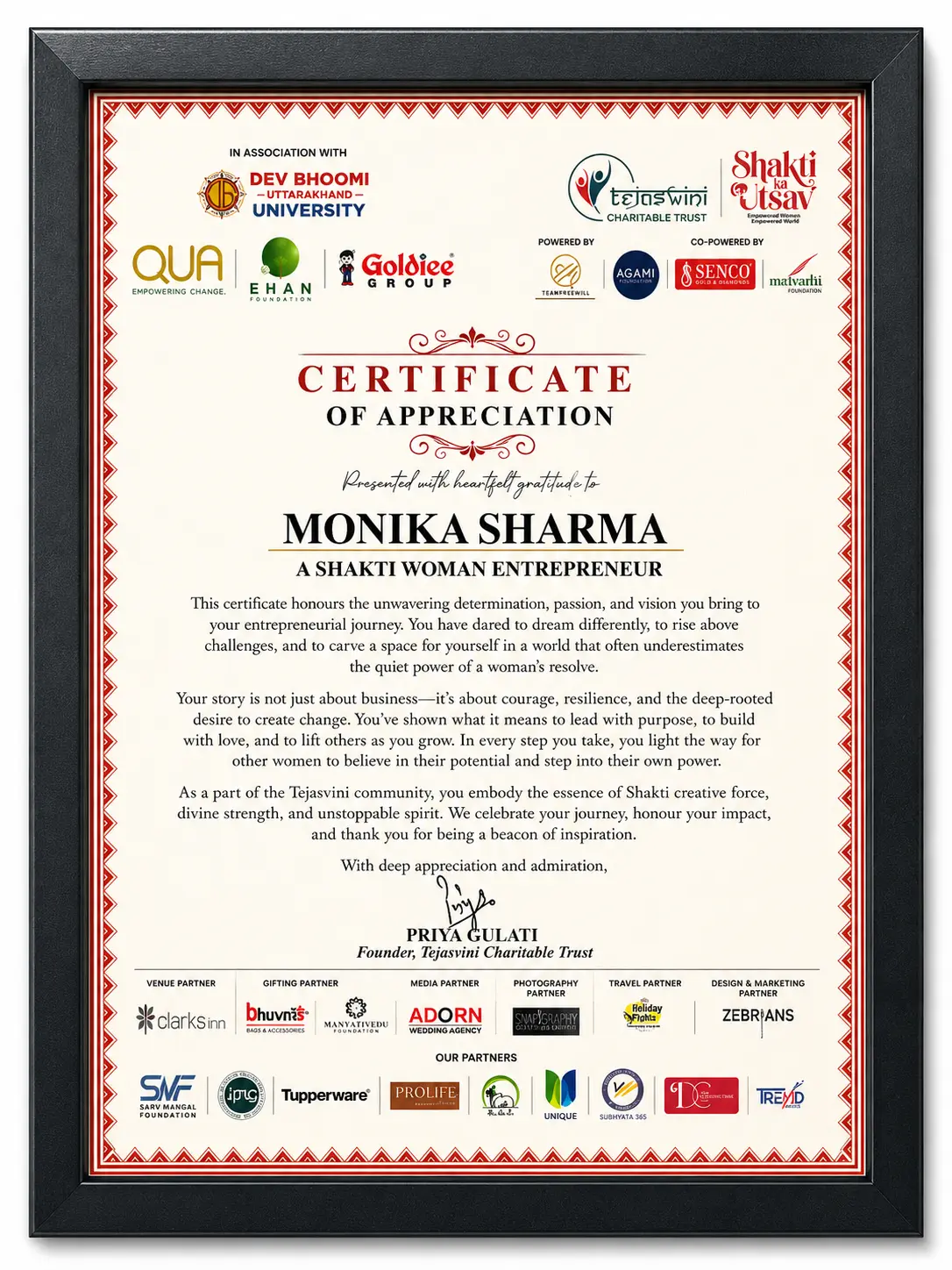 Shakti Woman Entrepreneur — Certificate of Appreciation, Shakti Ka Utsav