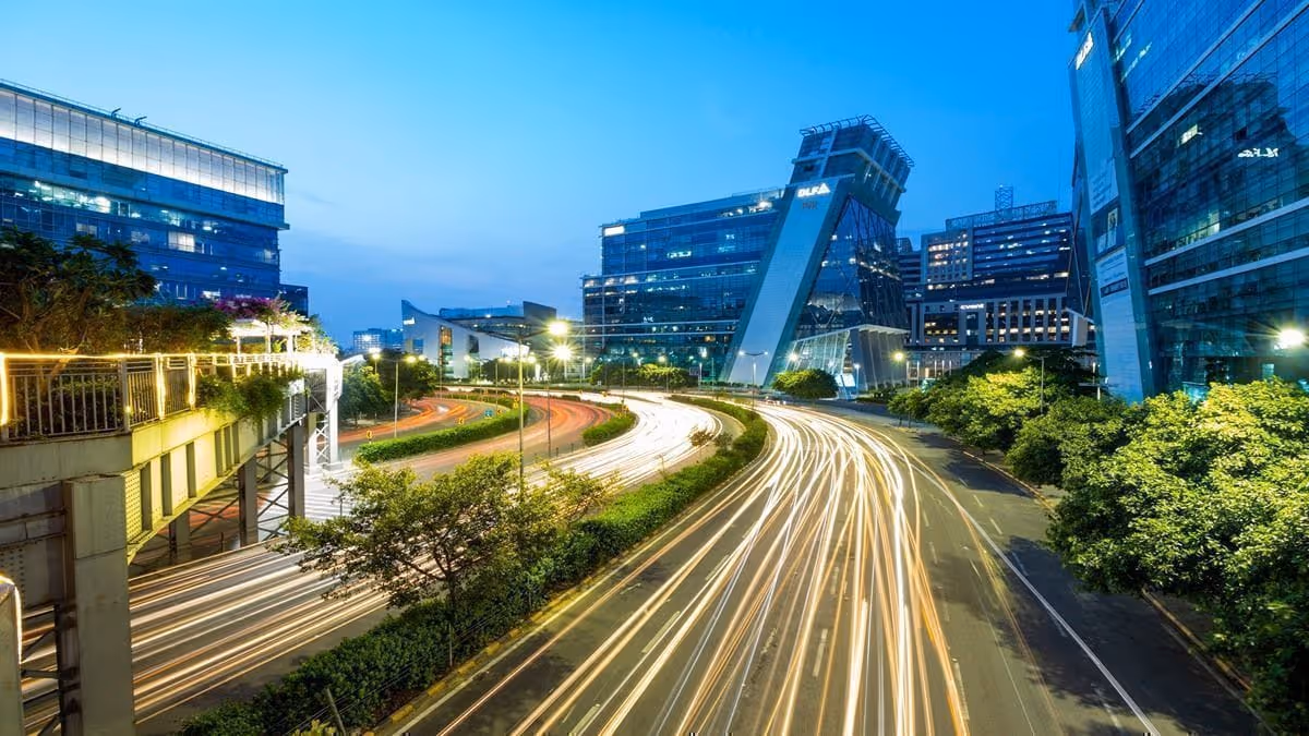 A night view of Gurugram's Cyber City skyline near the Kiddicove centre.